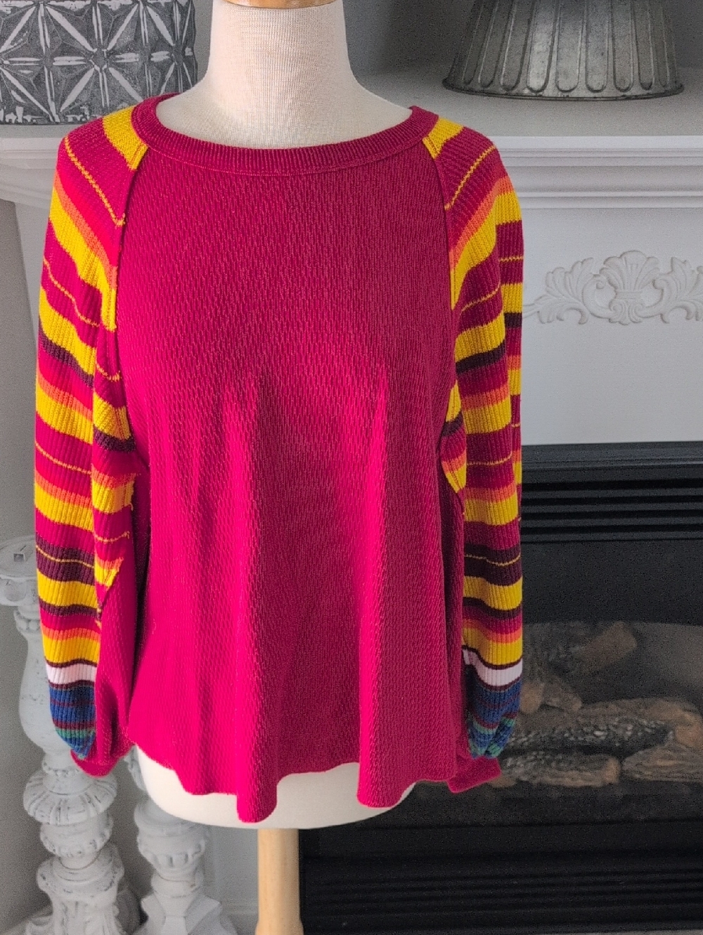 We The Free Red Ribbed Knit Top With Balloon Sleeves Size XS